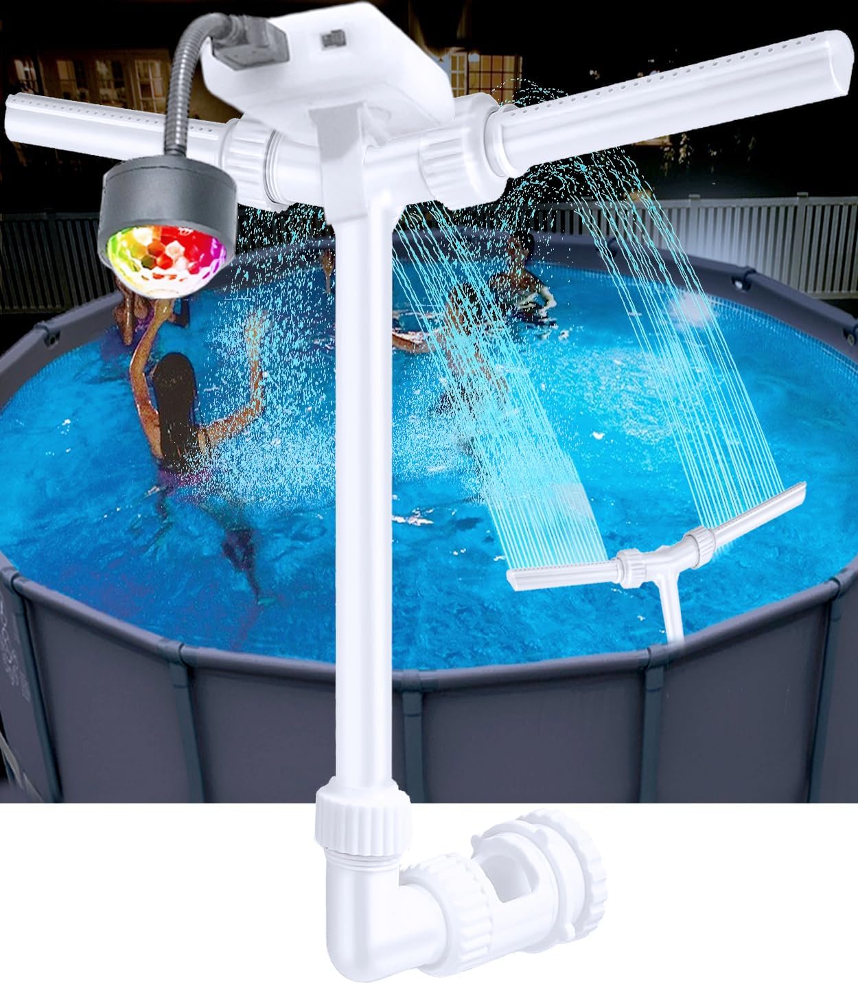 BowLUQ Pool Fountain Multi-Color Waterfall Sprinkler with Adjustable Jets