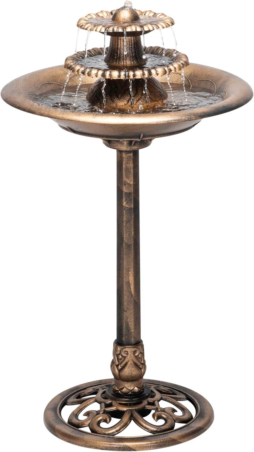 Alpine Corporation TEC106-BZ 35 Inch Tall 3 Tier Pedestal Water Fountain with Birdbath in Vintage Bronze