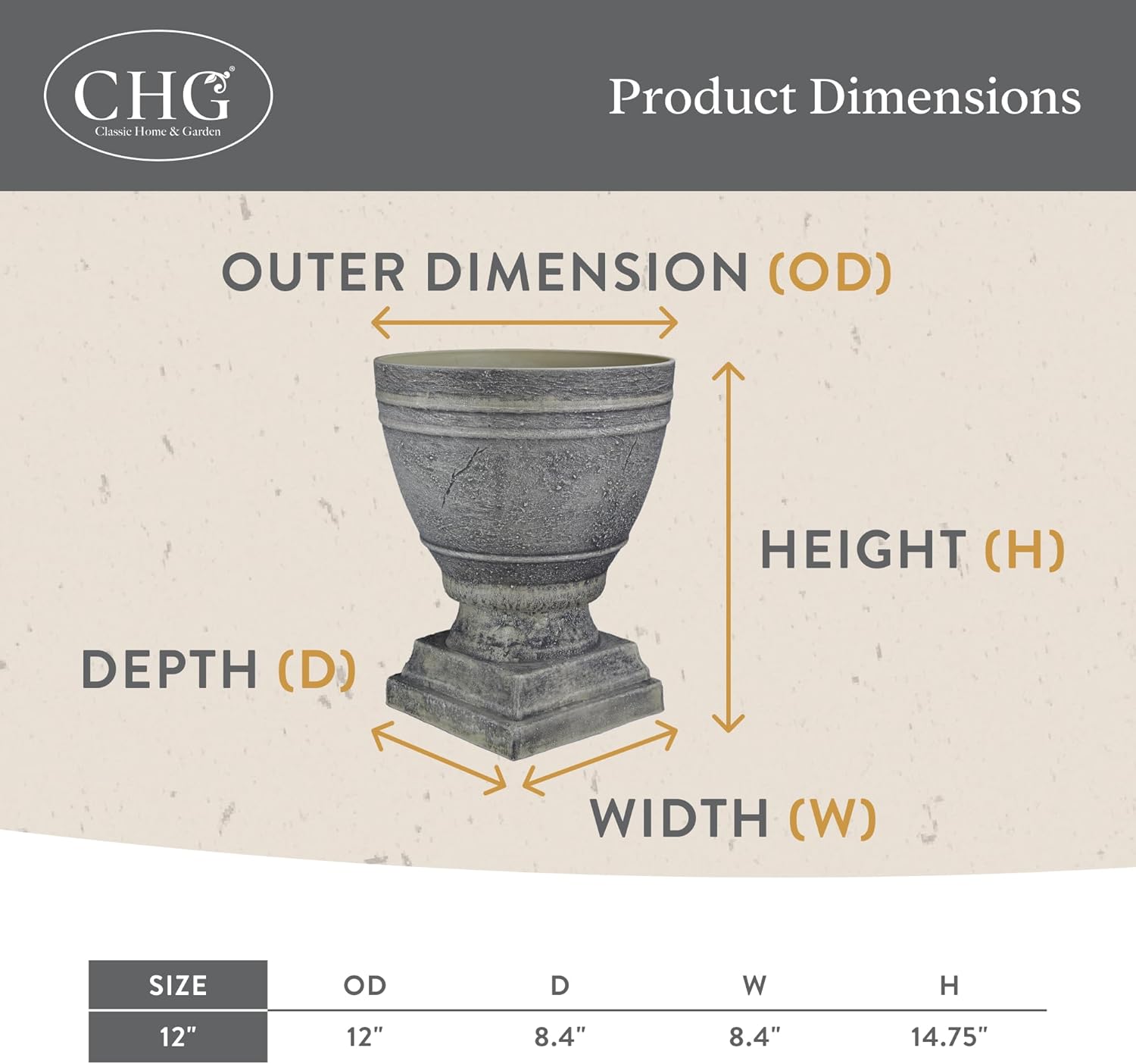 Classic Home and Garden Spartan Urn Planter - Durable 14 Inch Ivory Ash Outdoor Indoor Planter