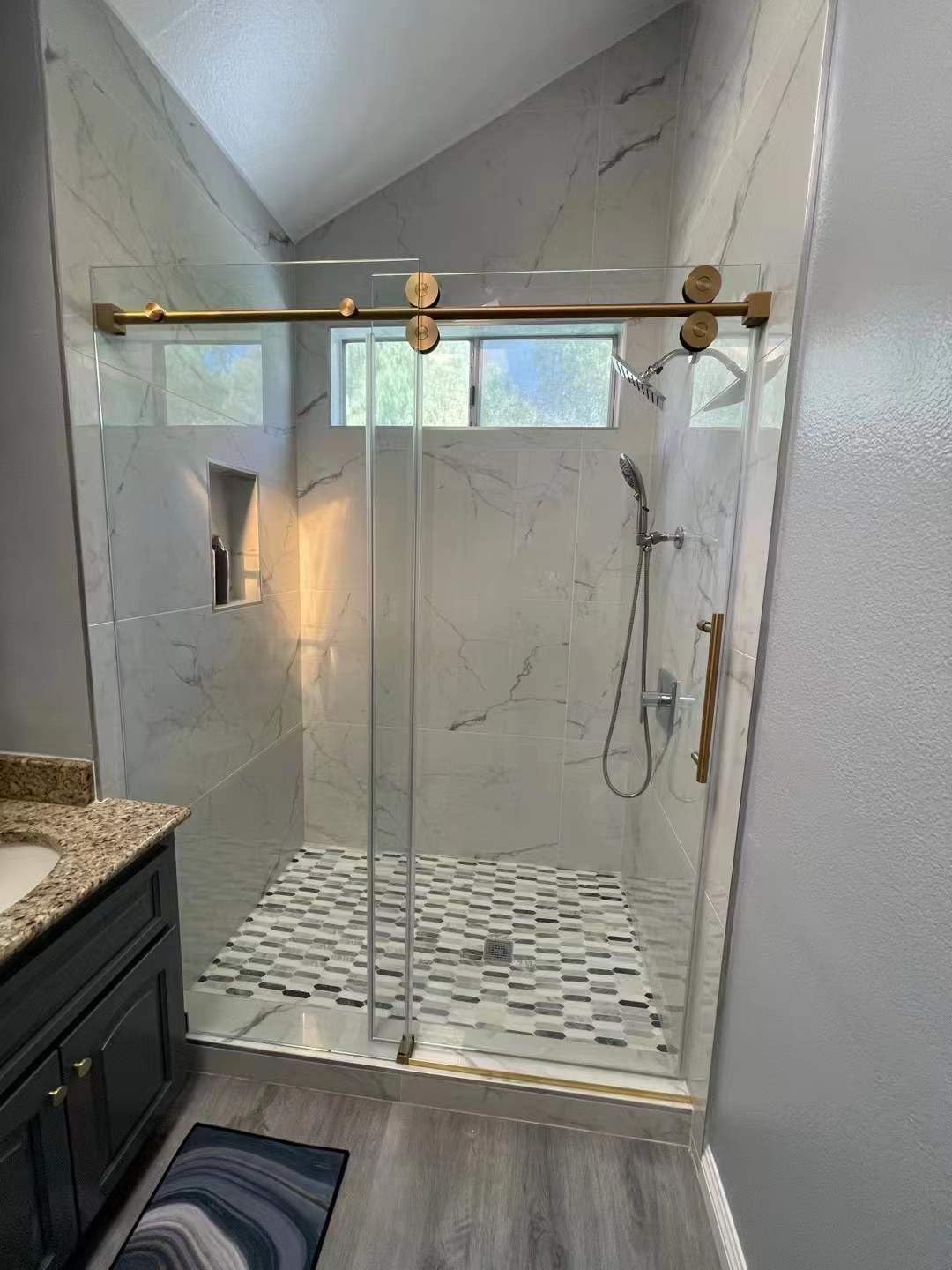 56-60 W x 84 H Frameless Stainless Steel Sliding Shower Door with Satin Brass Frame and Tempered Glass