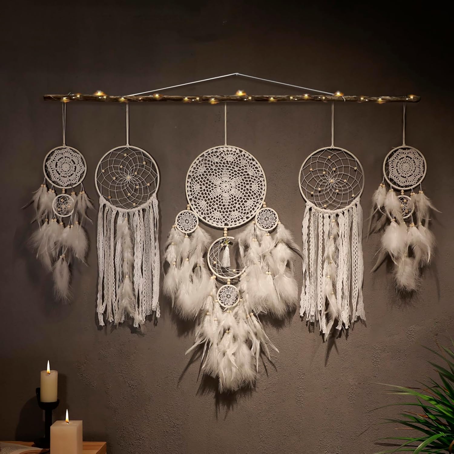 5 Pack Boho Dream Catcher Wall Hangings - White Handmade Decor for Bedroom and Home