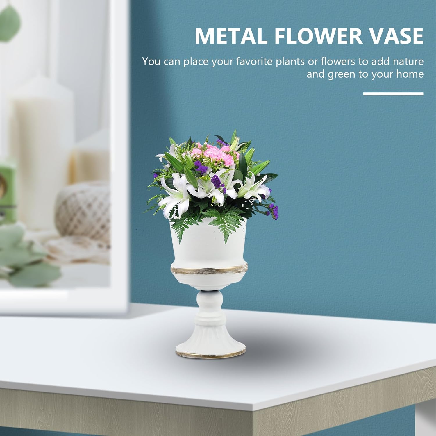 Yardwe White Iron Urn Planters for Outdoor Decor 12