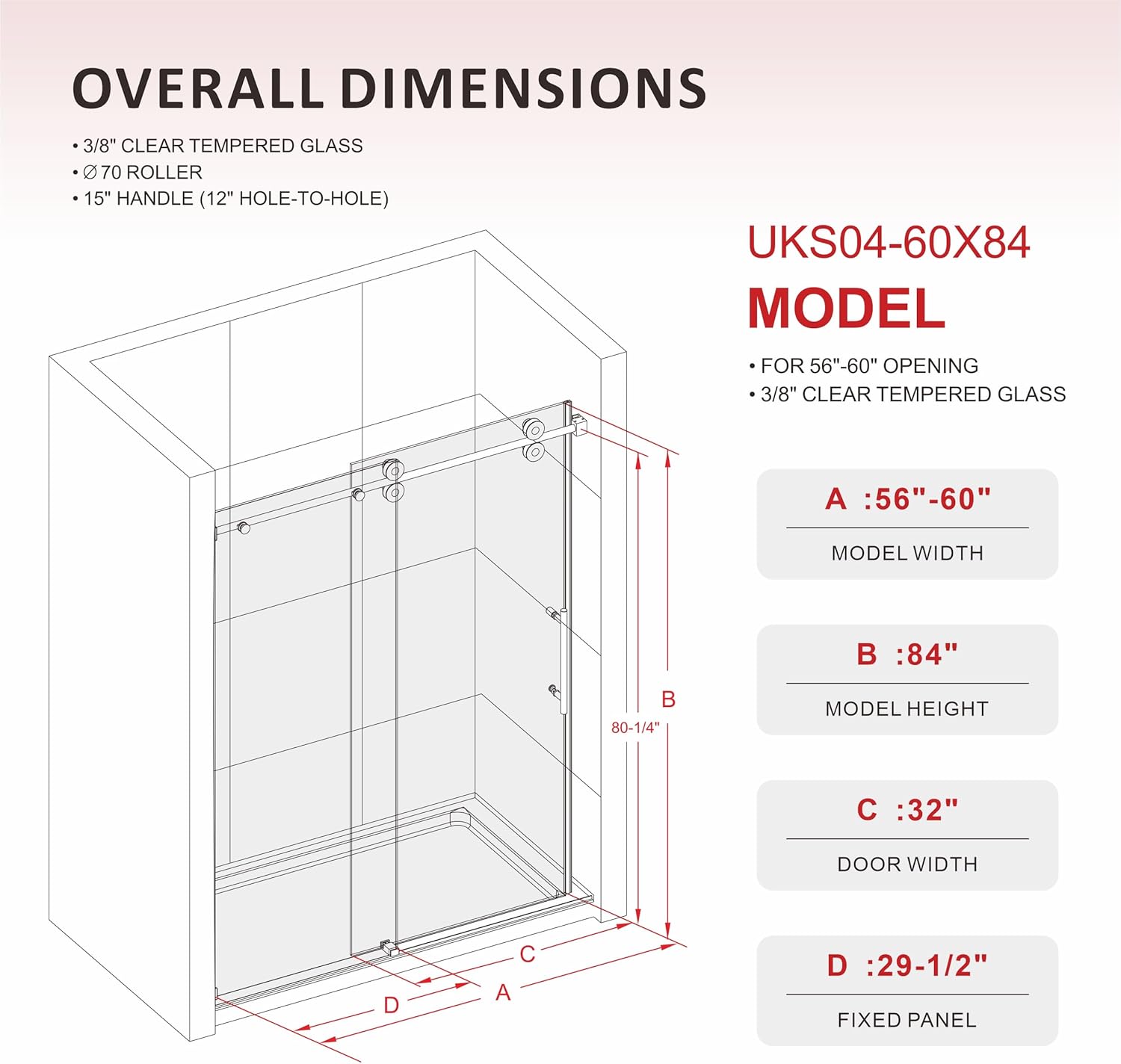56-60 W x 84 H Frameless Stainless Steel Sliding Shower Door with Satin Brass Frame and Tempered Glass