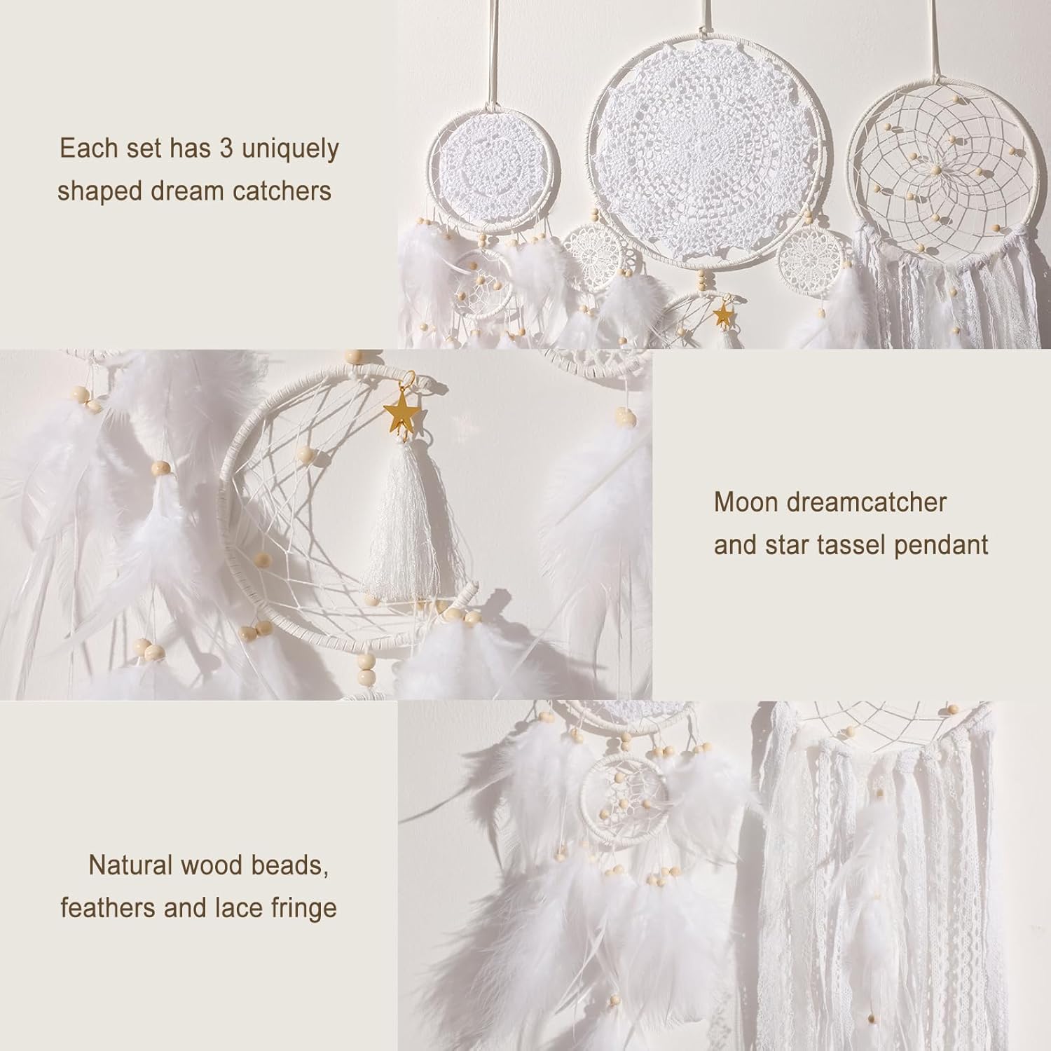 5 Pack Boho Dream Catcher Wall Hangings - White Handmade Decor for Bedroom and Home