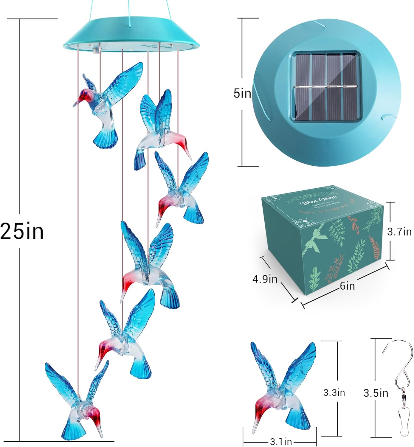 Solar Hummingbird Wind Chimes for Mom Grandma Color Changing LED Outdoor Decor