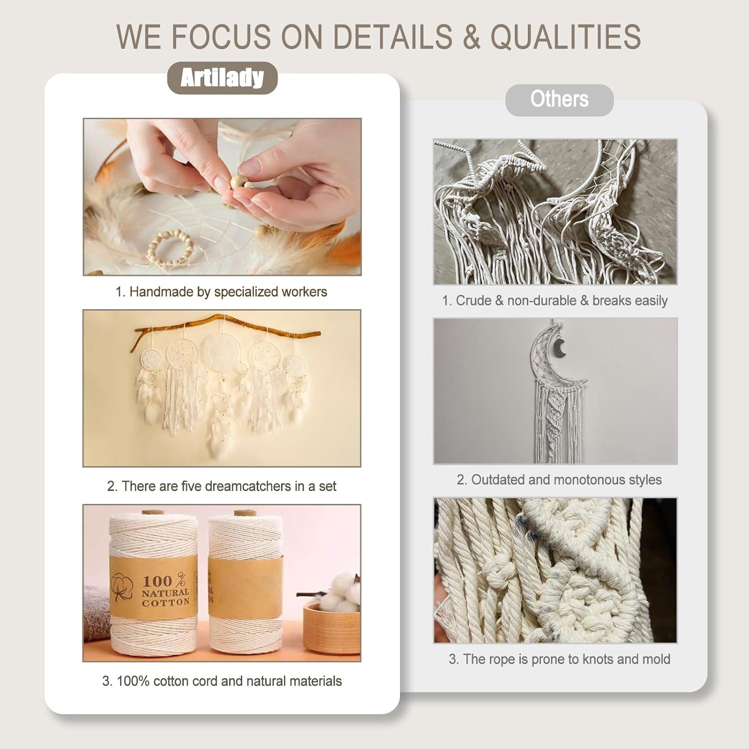 5 Pack Boho Dream Catcher Wall Hangings - White Handmade Decor for Bedroom and Home