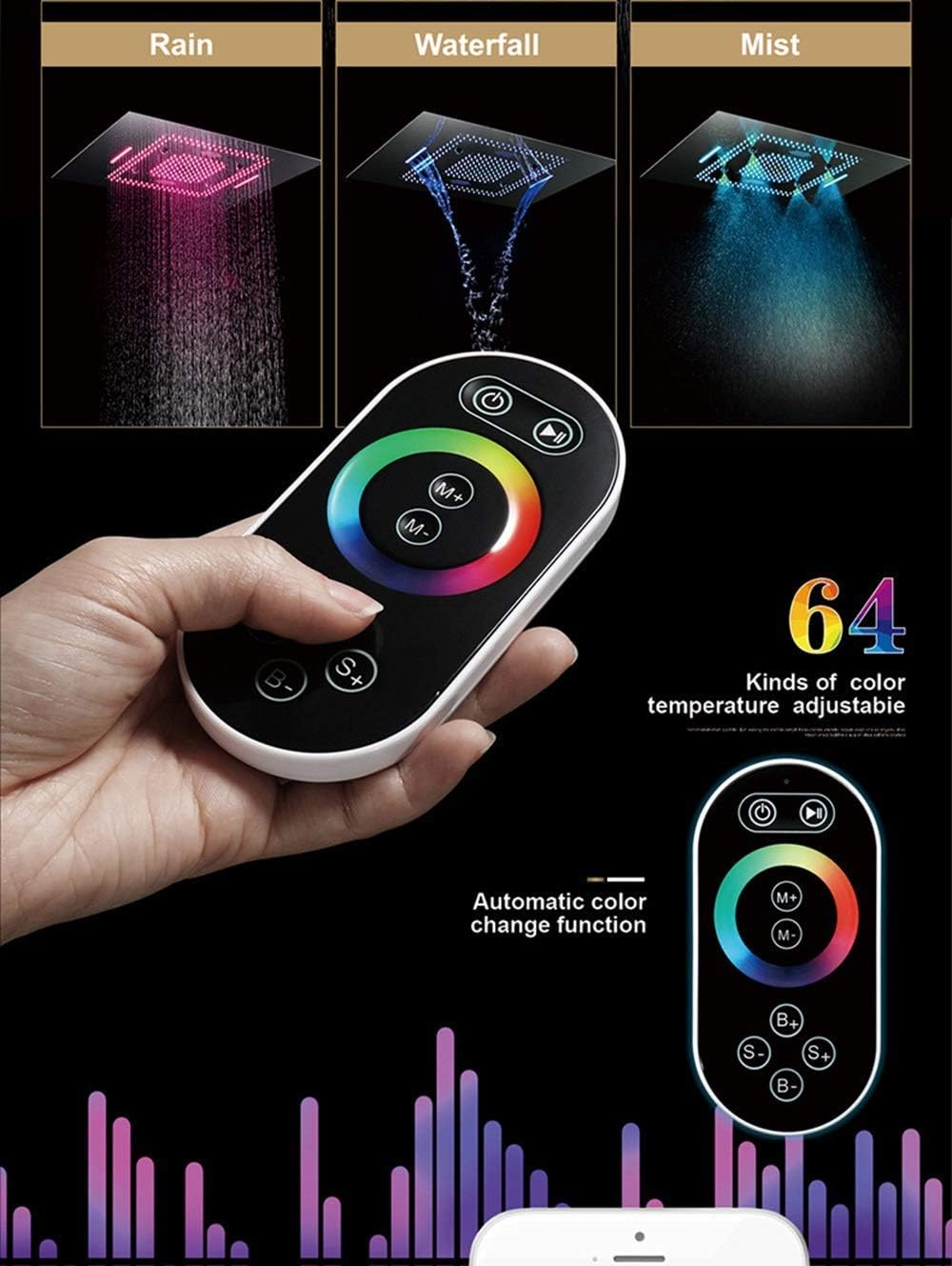 Stainless Steel Remote Control Color Changing Shower Head with LED Canopy