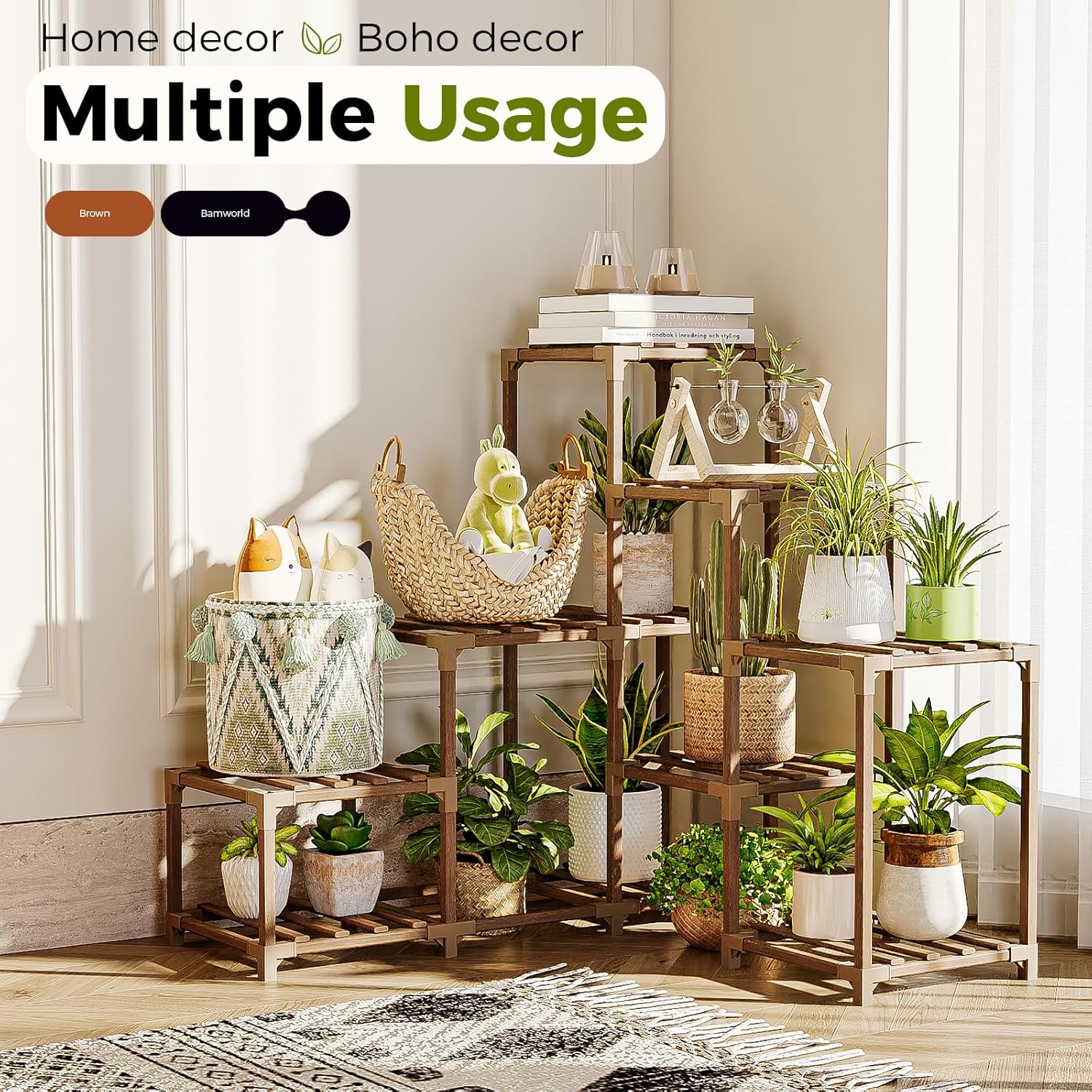 Bamworld 10-Pot Plant Stand for Indoor and Outdoor Use