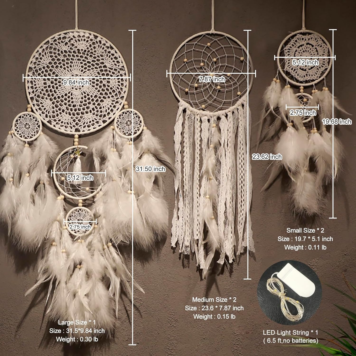 5 Pack Boho Dream Catcher Wall Hangings - White Handmade Decor for Bedroom and Home