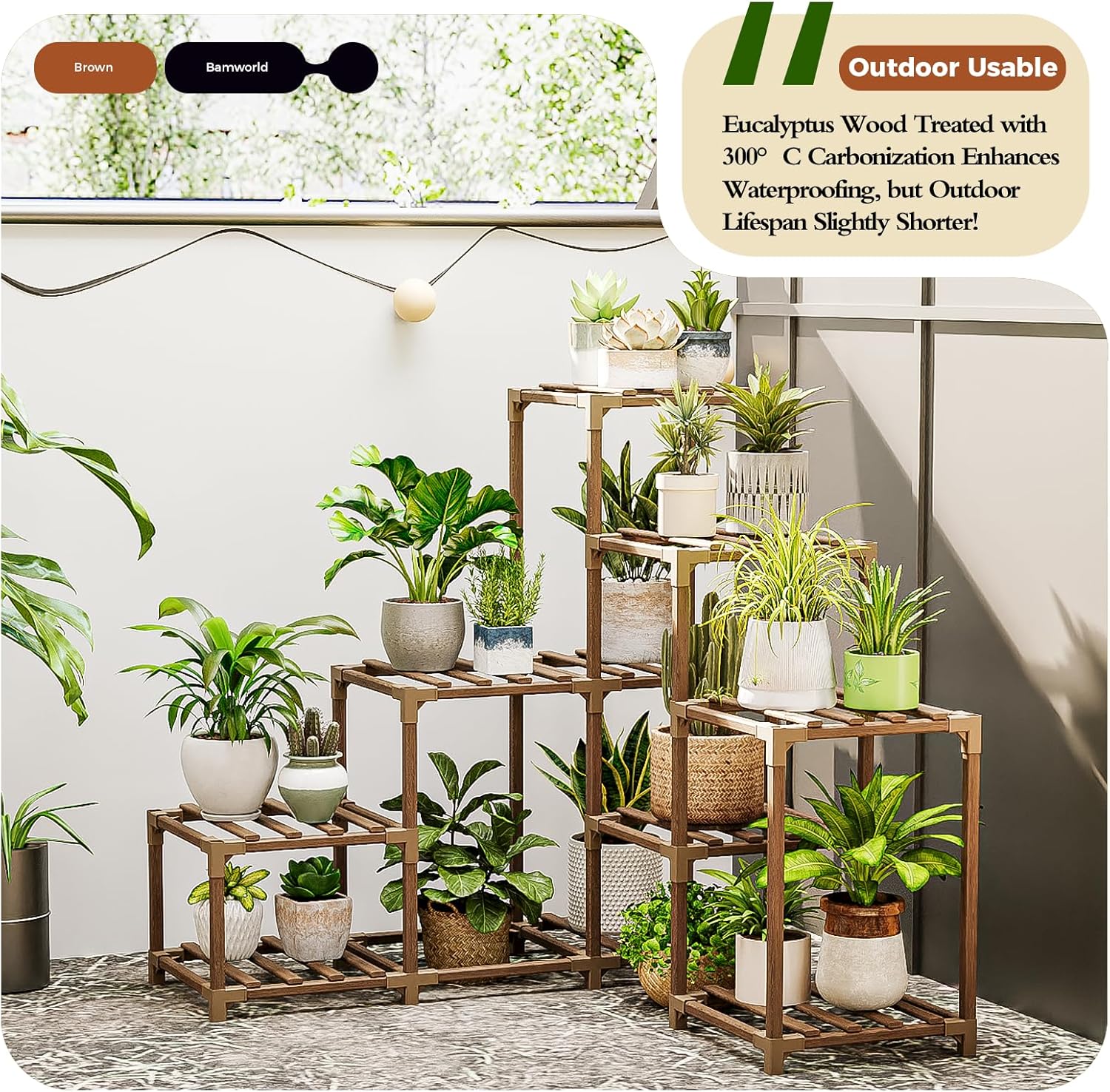 Bamworld 10-Pot Plant Stand for Indoor and Outdoor Use