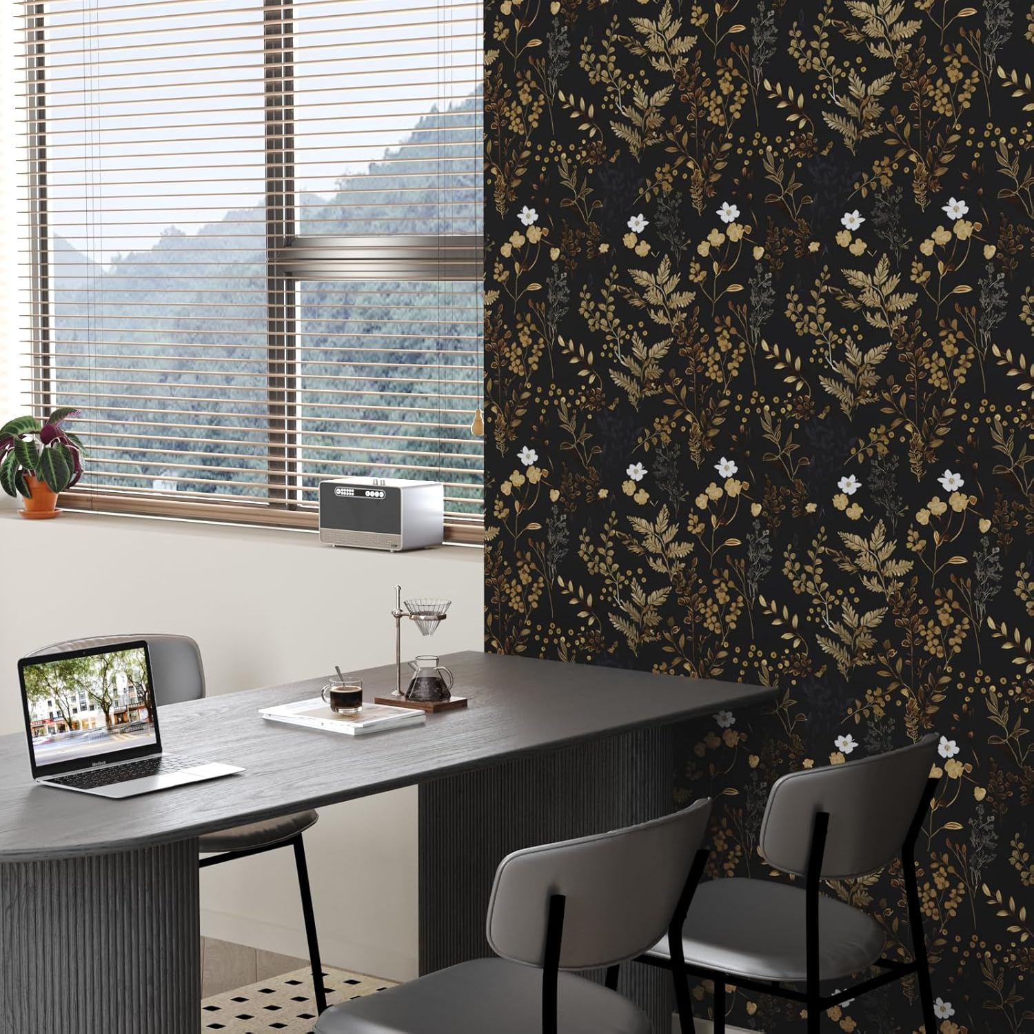 Black Floral Peel and Stick Wallpaper for Kitchen Countertop and Cabinets 175 x 393 Inches