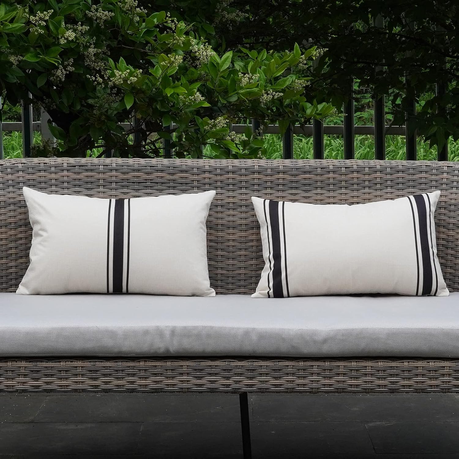 ONWAY Waterproof Outdoor Pillow Covers Set of 2 12x20 Black Striped and Beige