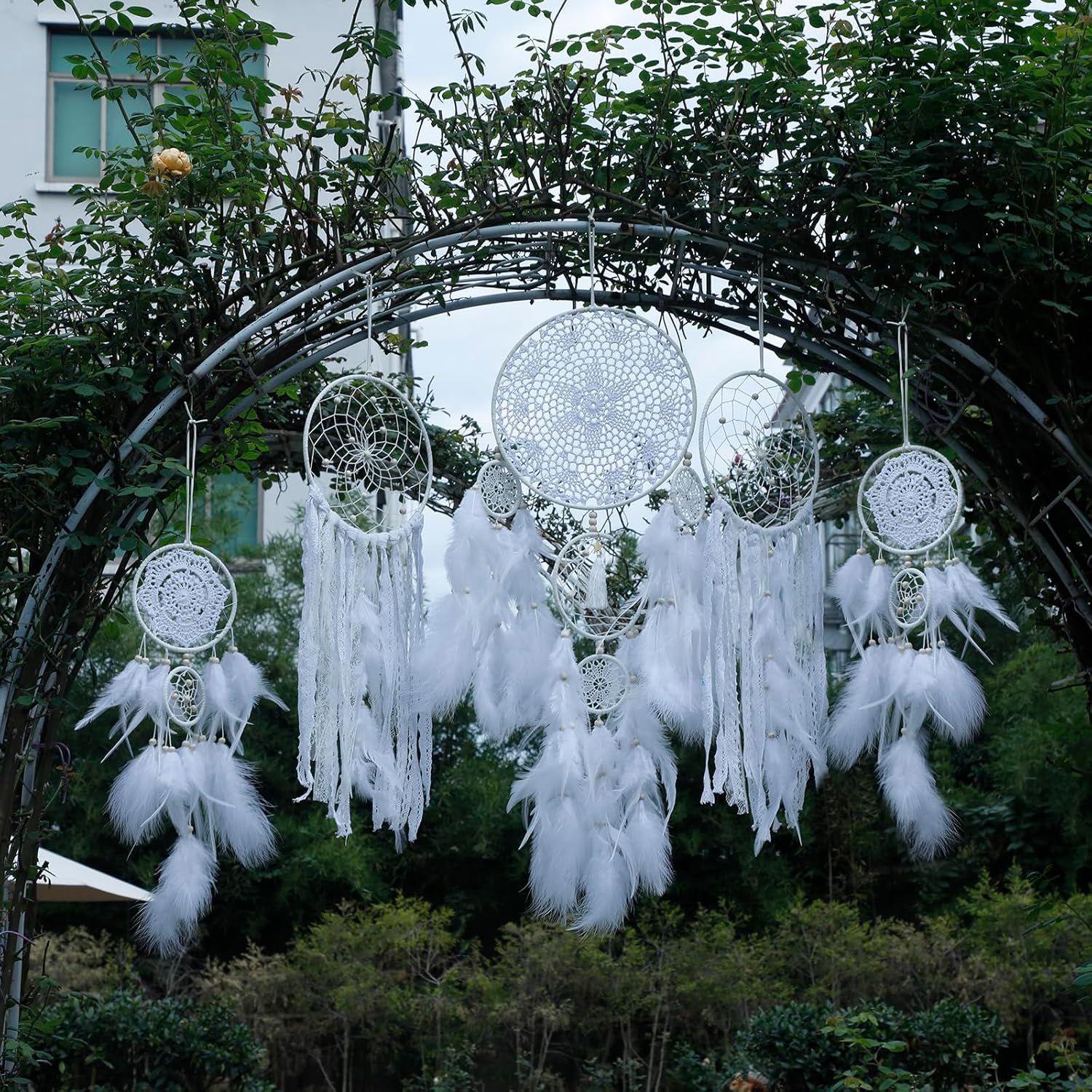 5 Pack Boho Dream Catcher Wall Hangings - White Handmade Decor for Bedroom and Home