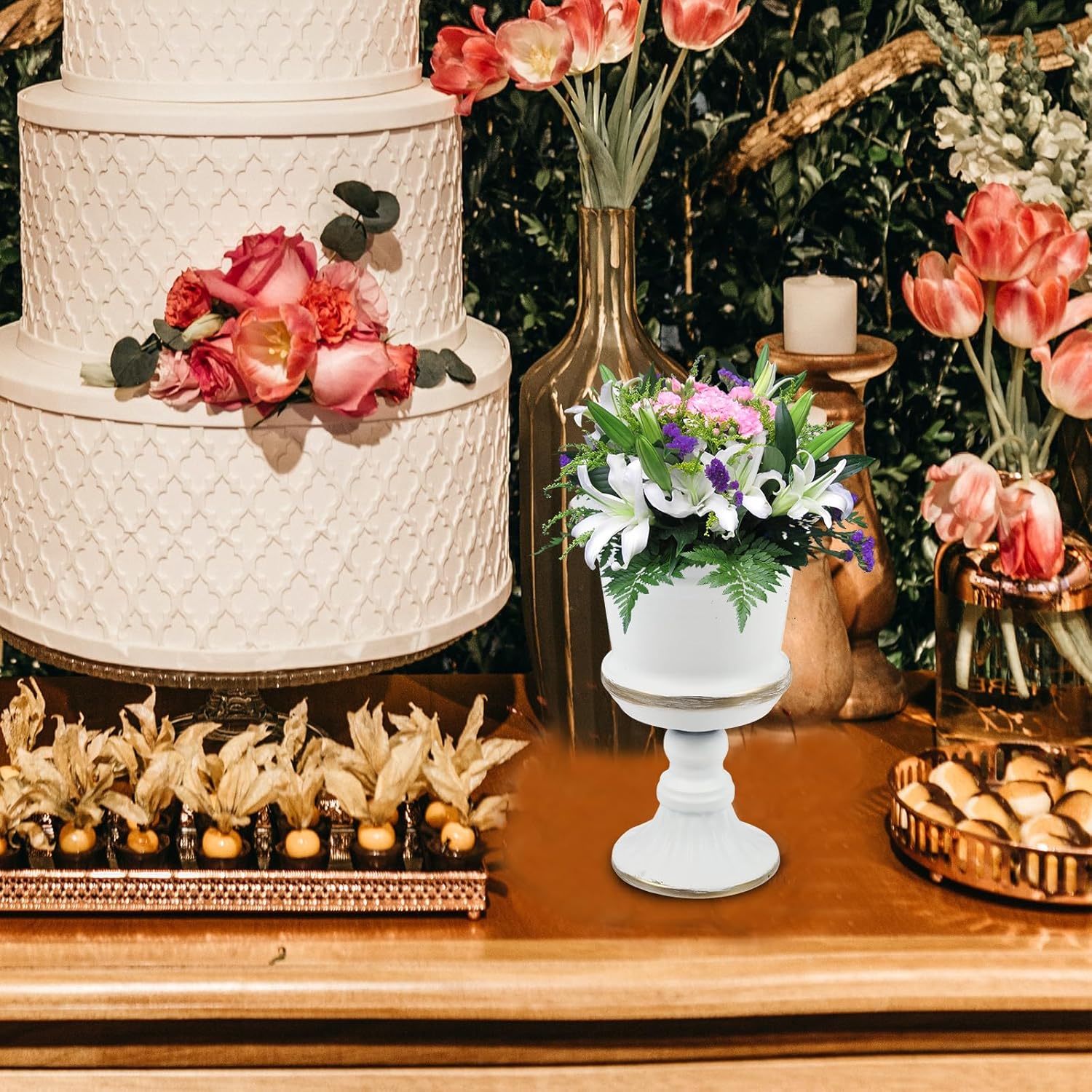 Yardwe White Iron Urn Planters for Outdoor Decor 12