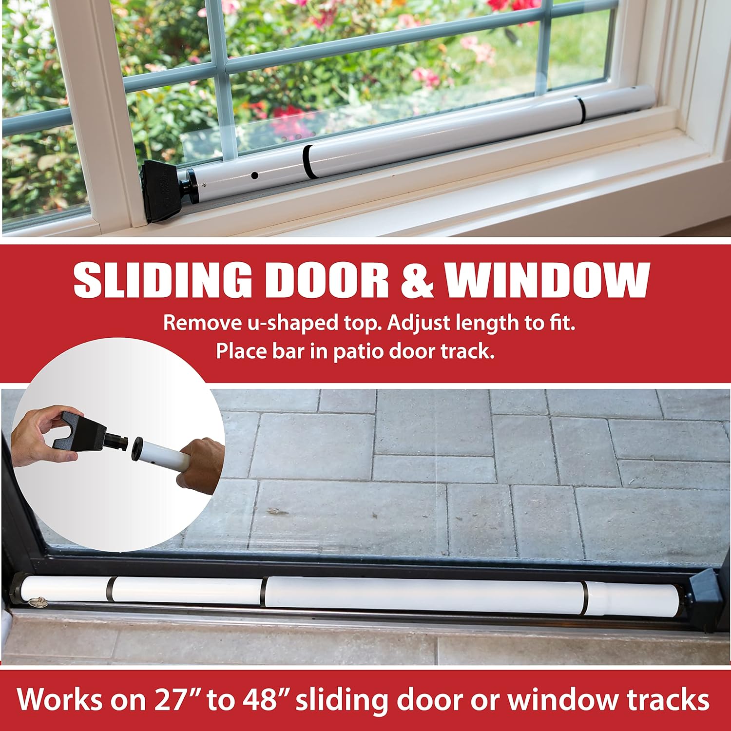 Dual Security Bar - Adjustable Length Door Jammer for Hinged and Sliding Doors Windows Home Travel Safety White