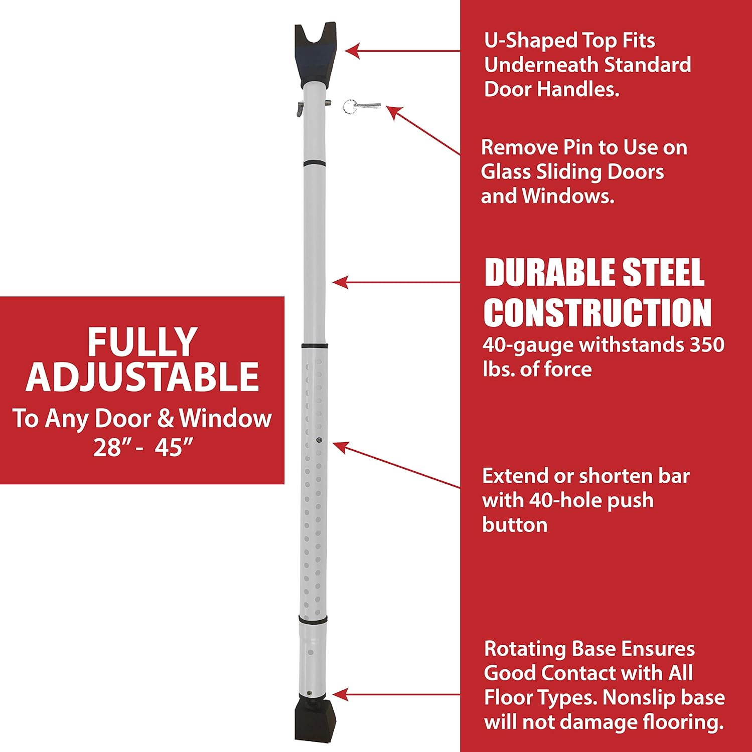 Dual Security Bar - Adjustable Length Door Jammer for Hinged and Sliding Doors Windows Home Travel Safety White