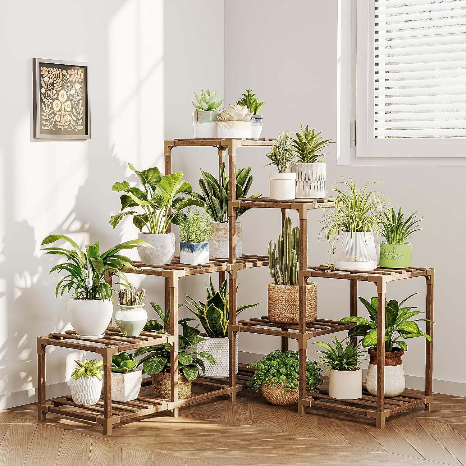 Bamworld 10-Pot Plant Stand for Indoor and Outdoor Use