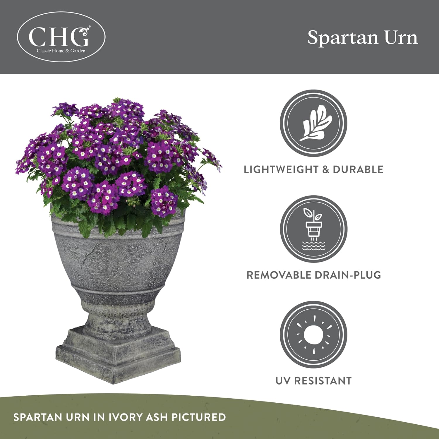 Classic Home and Garden Spartan Urn Planter - Durable 14 Inch Ivory Ash Outdoor Indoor Planter