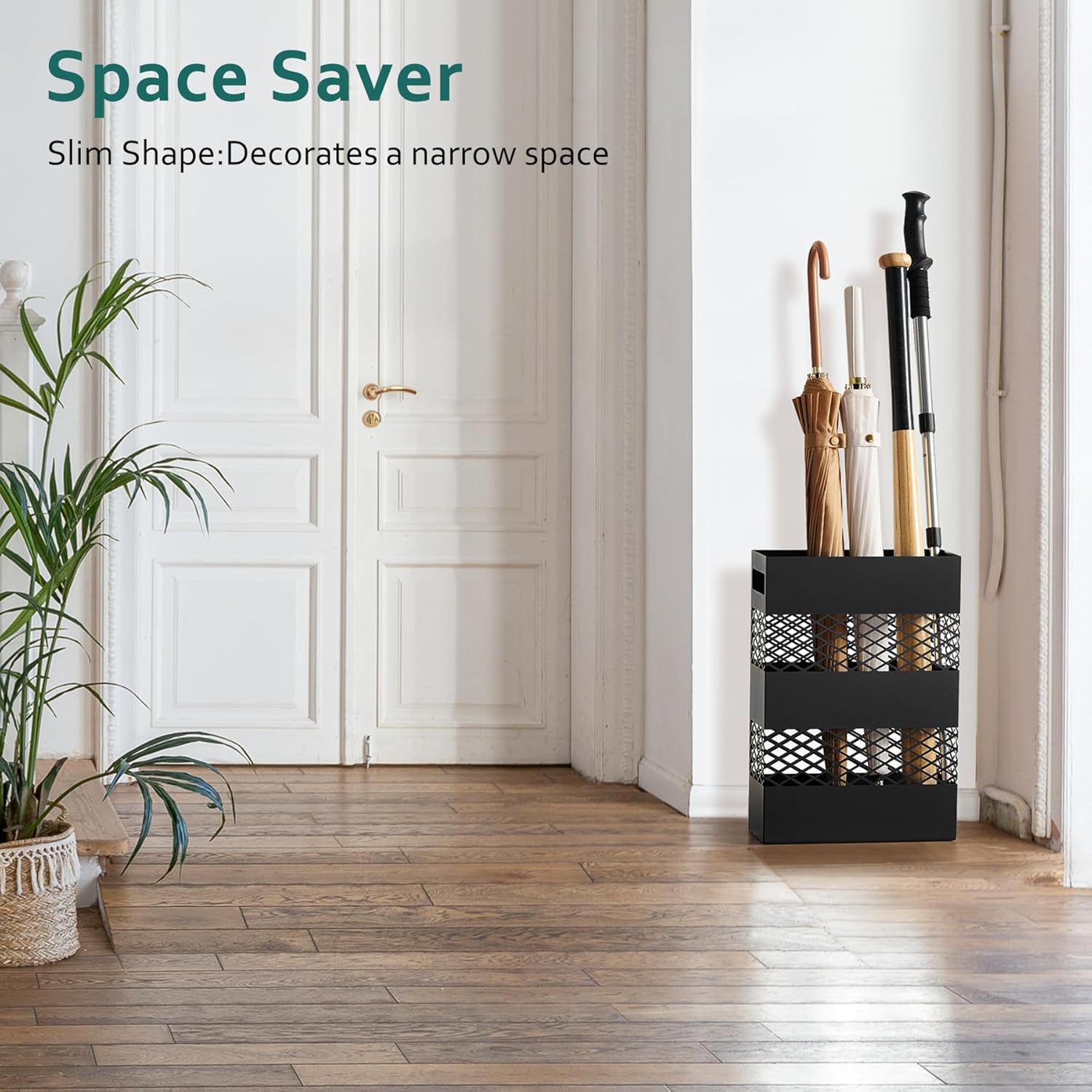 LANDVOI Umbrella Stand Slim Metal Holder for Entryway with Removable Drip Tray and Weighted Base