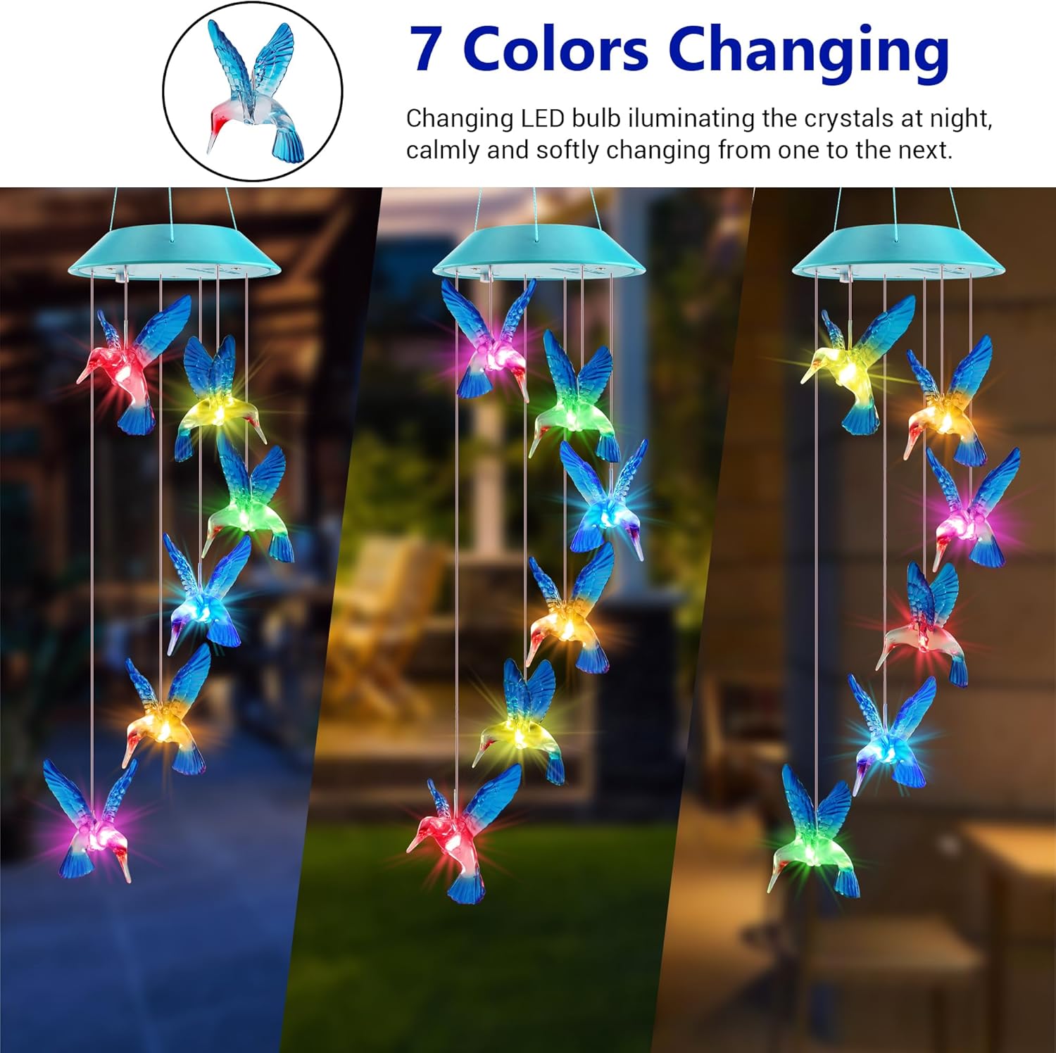 Solar Hummingbird Wind Chimes for Mom Grandma Color Changing LED Outdoor Decor