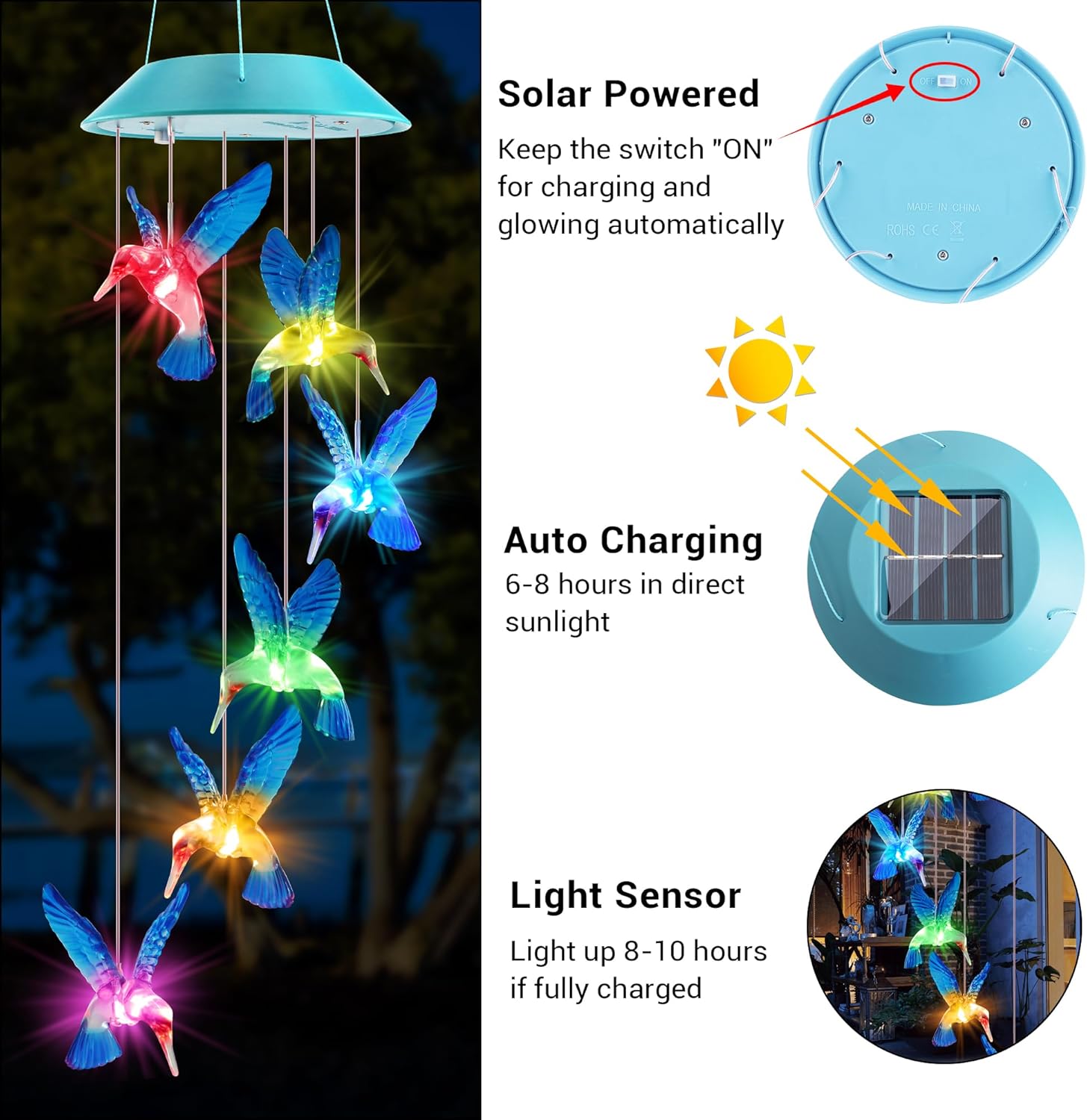 Solar Hummingbird Wind Chimes for Mom Grandma Color Changing LED Outdoor Decor