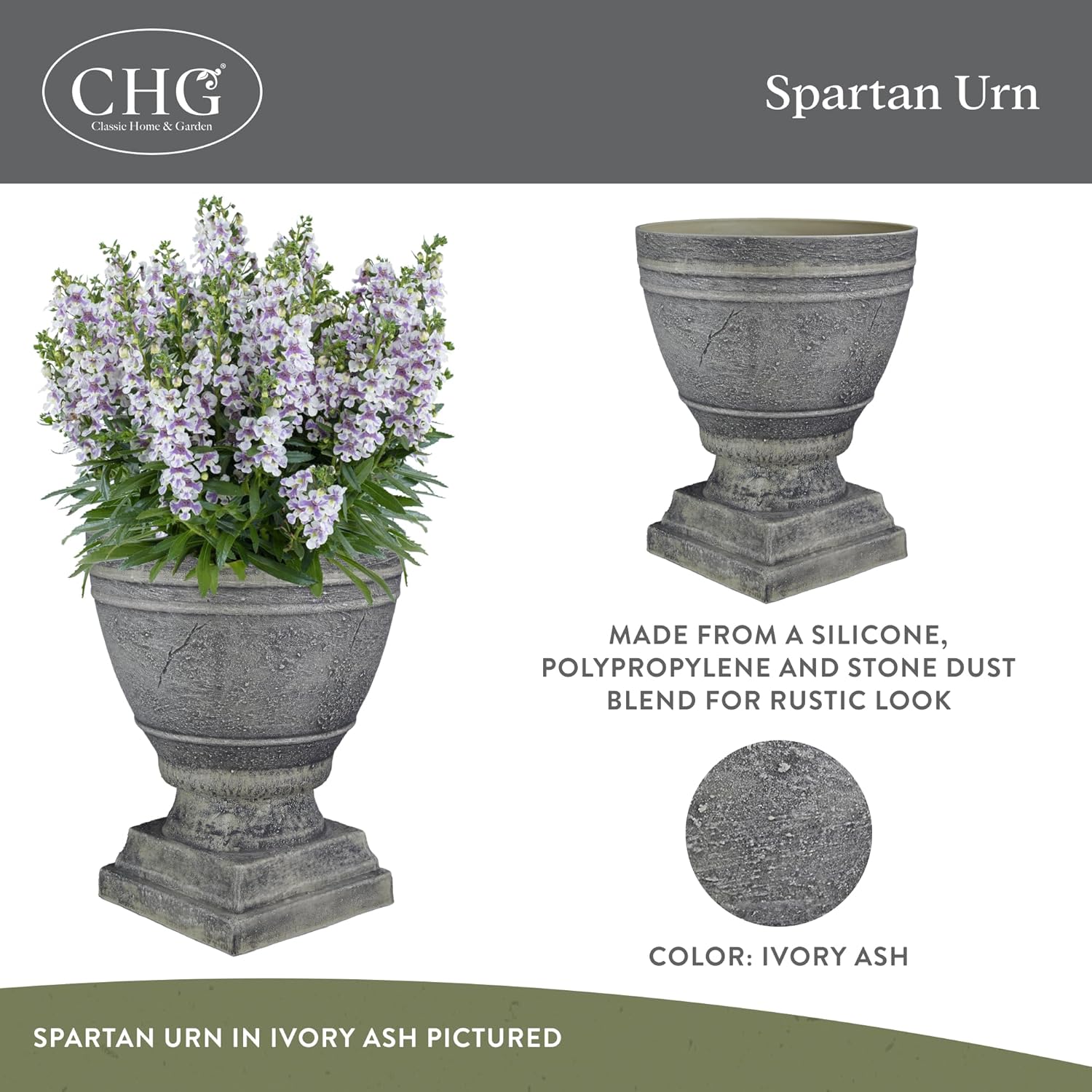 Classic Home and Garden Spartan Urn Planter - Durable 14 Inch Ivory Ash Outdoor Indoor Planter
