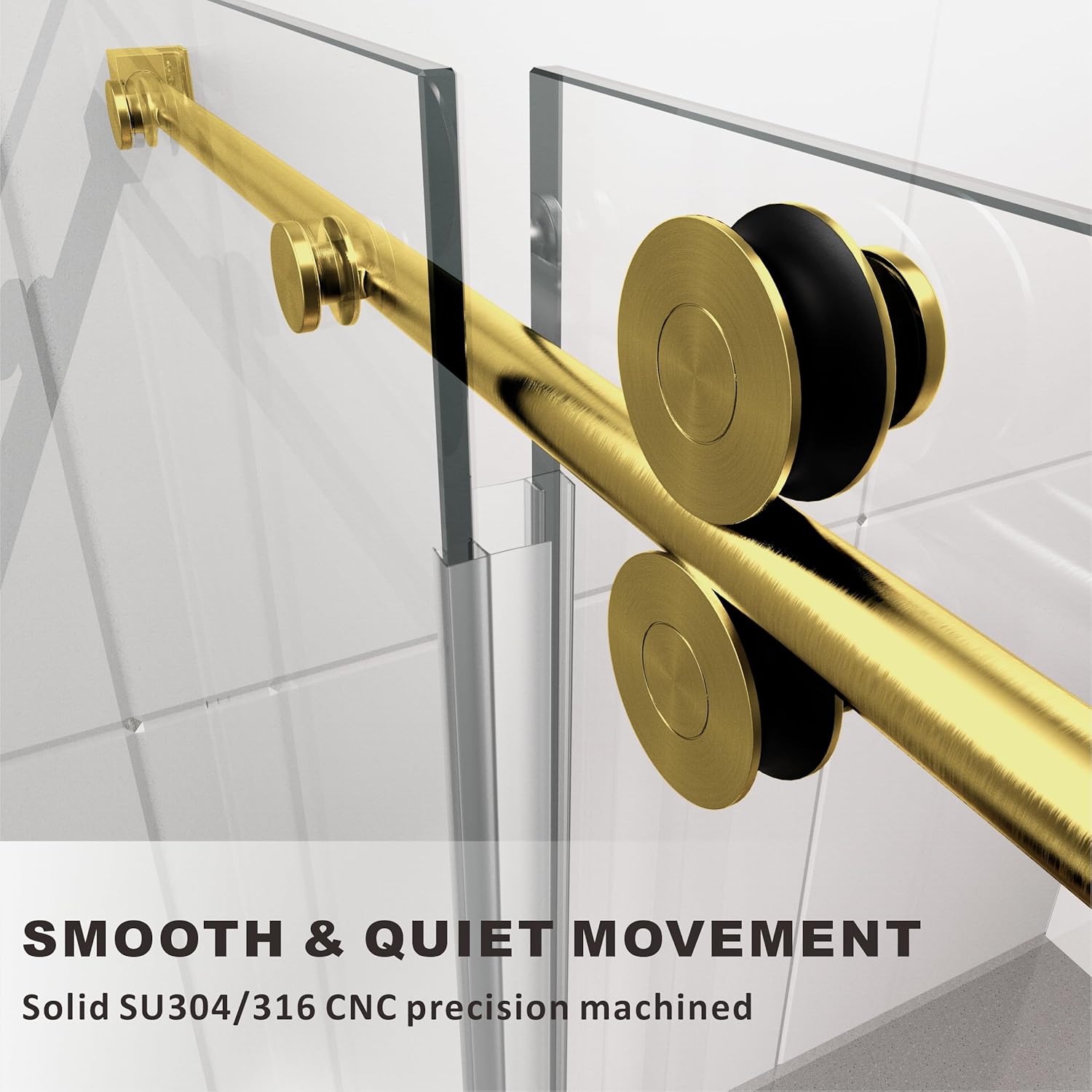 56-60 W x 84 H Frameless Stainless Steel Sliding Shower Door with Satin Brass Frame and Tempered Glass