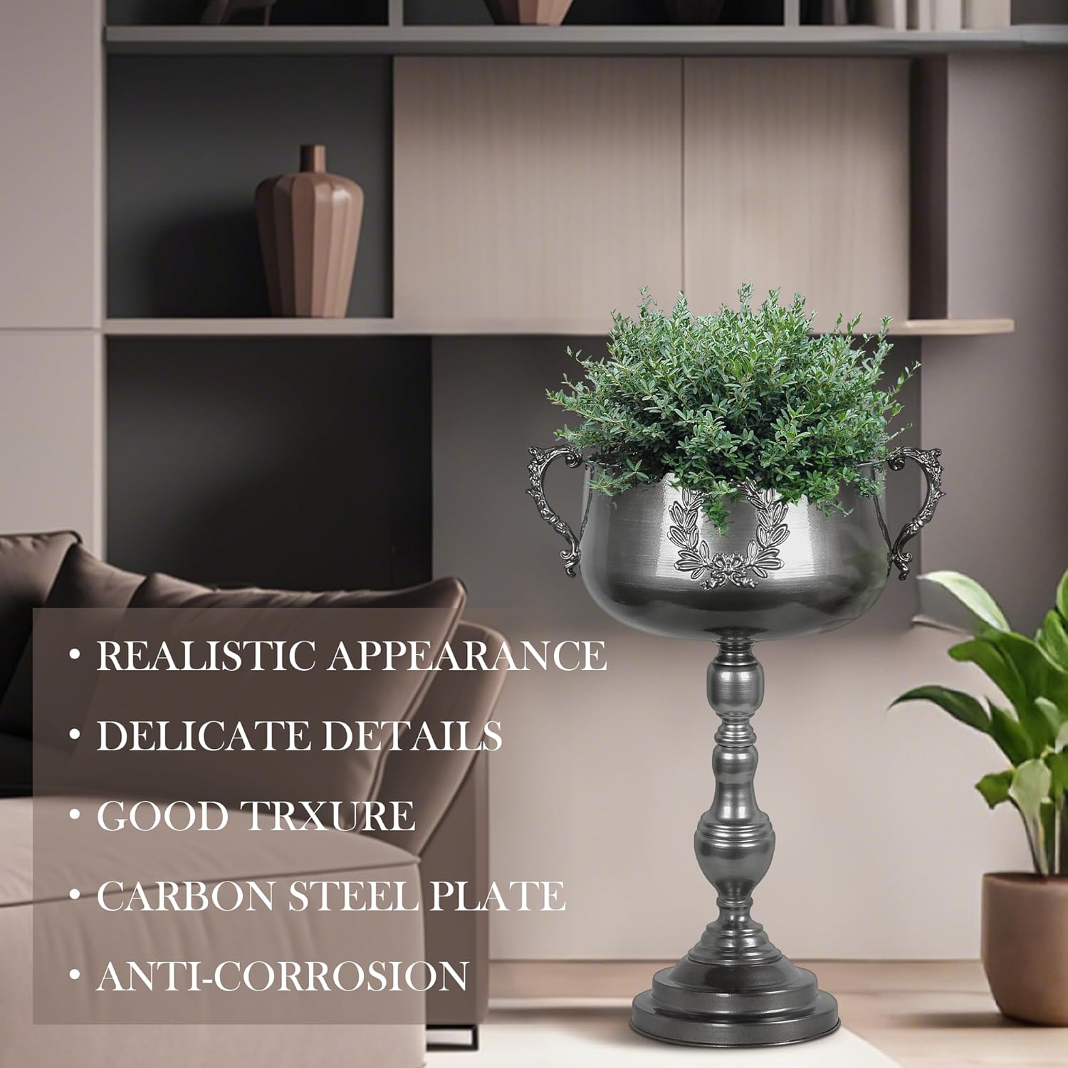 Worth 225 Inch Tall Floor Urn Vase - Glossy Black Metal Planter Bowl for Home Decor and Party Events