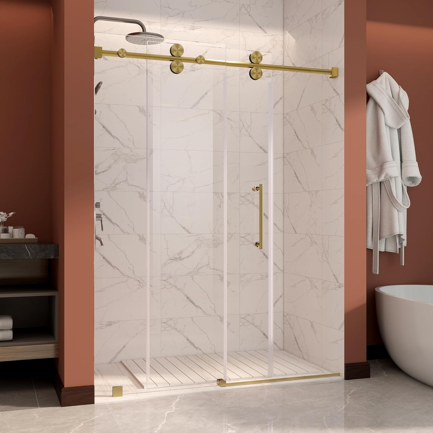 56-60 W x 84 H Frameless Stainless Steel Sliding Shower Door with Satin Brass Frame and Tempered Glass