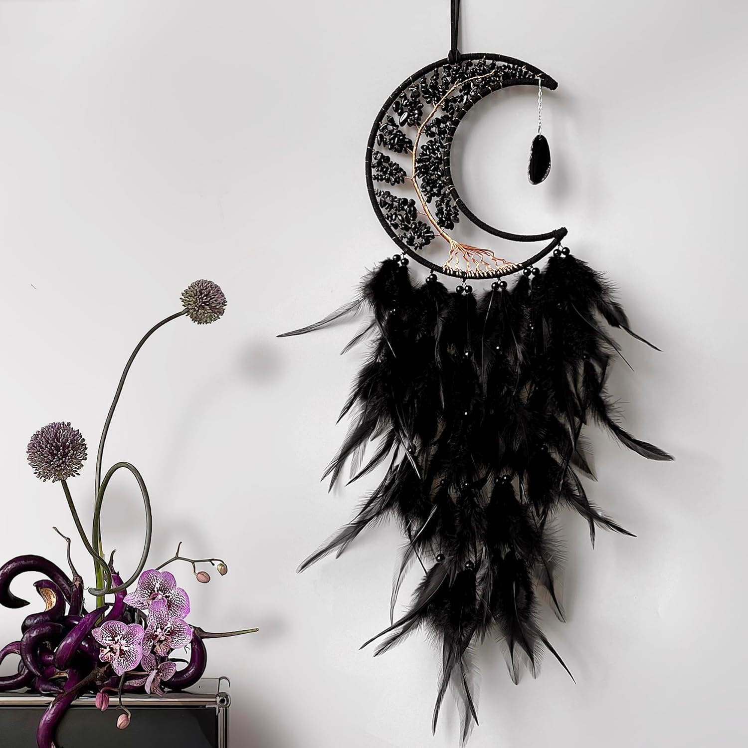 Moon Dream Catchers with Chakra Agate Stones Crystal Tree Wall Decor Black