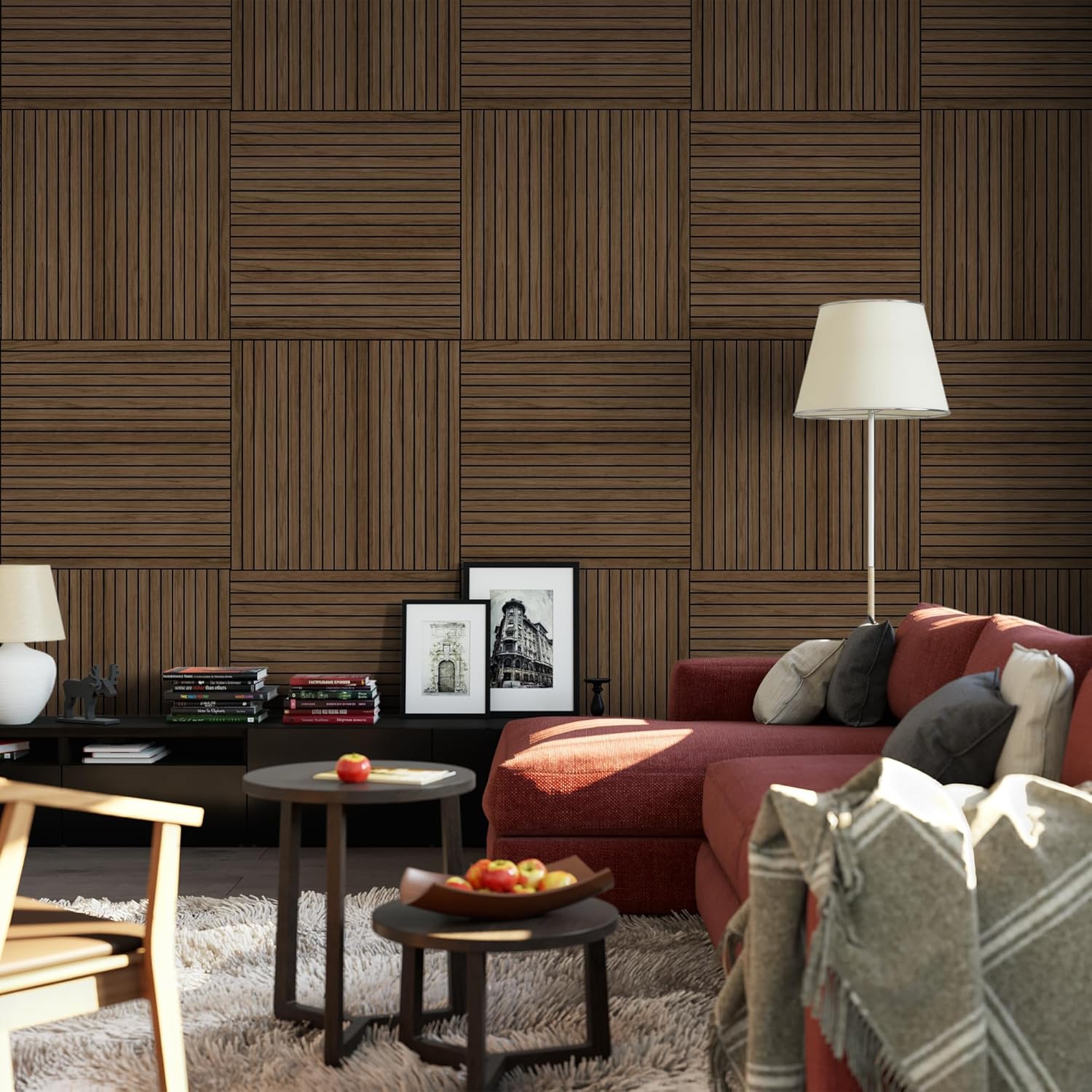 4-Piece Wood Slat Wall Panel for Noise Control Peel and Stick Acoustic Decor Walnut