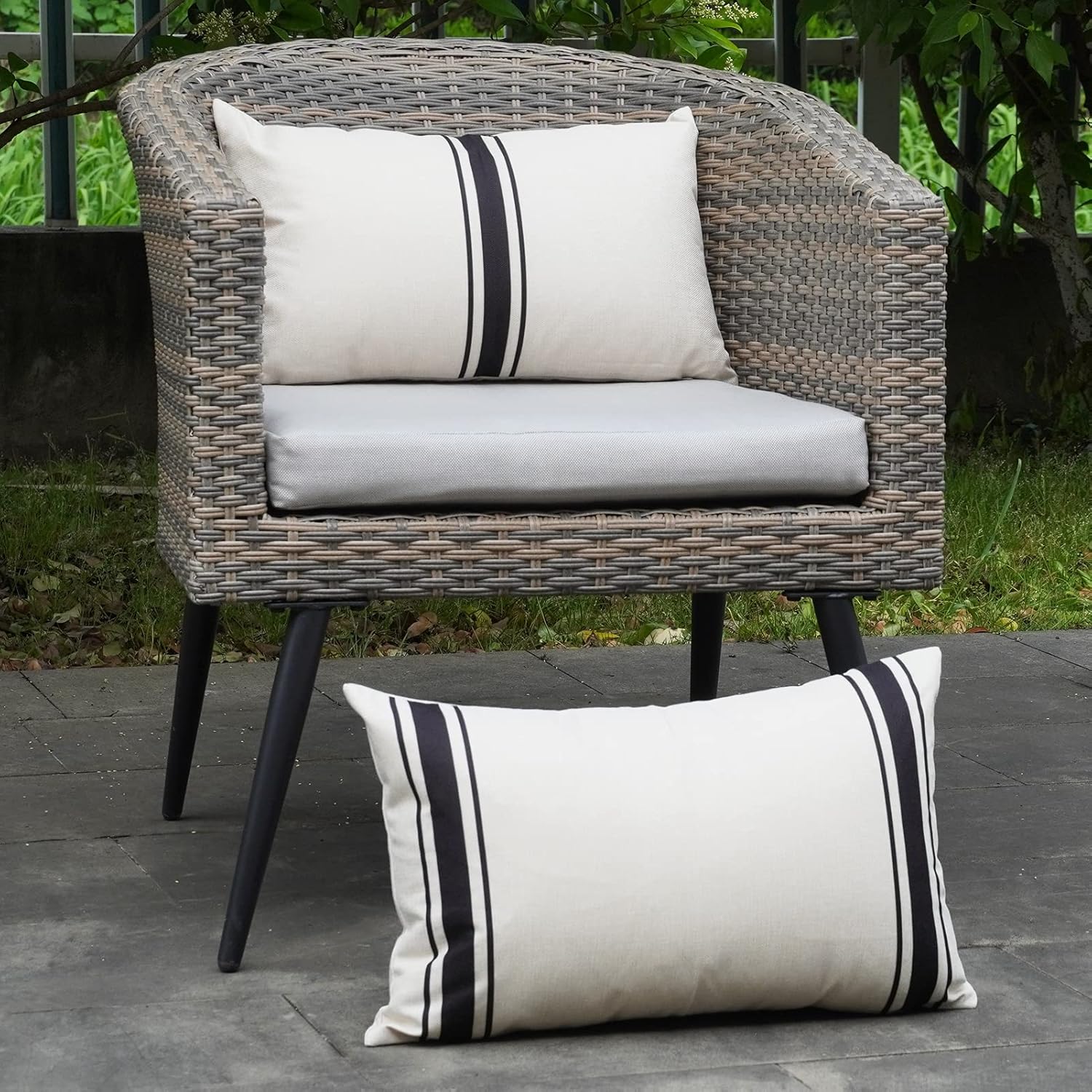 ONWAY Waterproof Outdoor Pillow Covers Set of 2 12x20 Black Striped and Beige