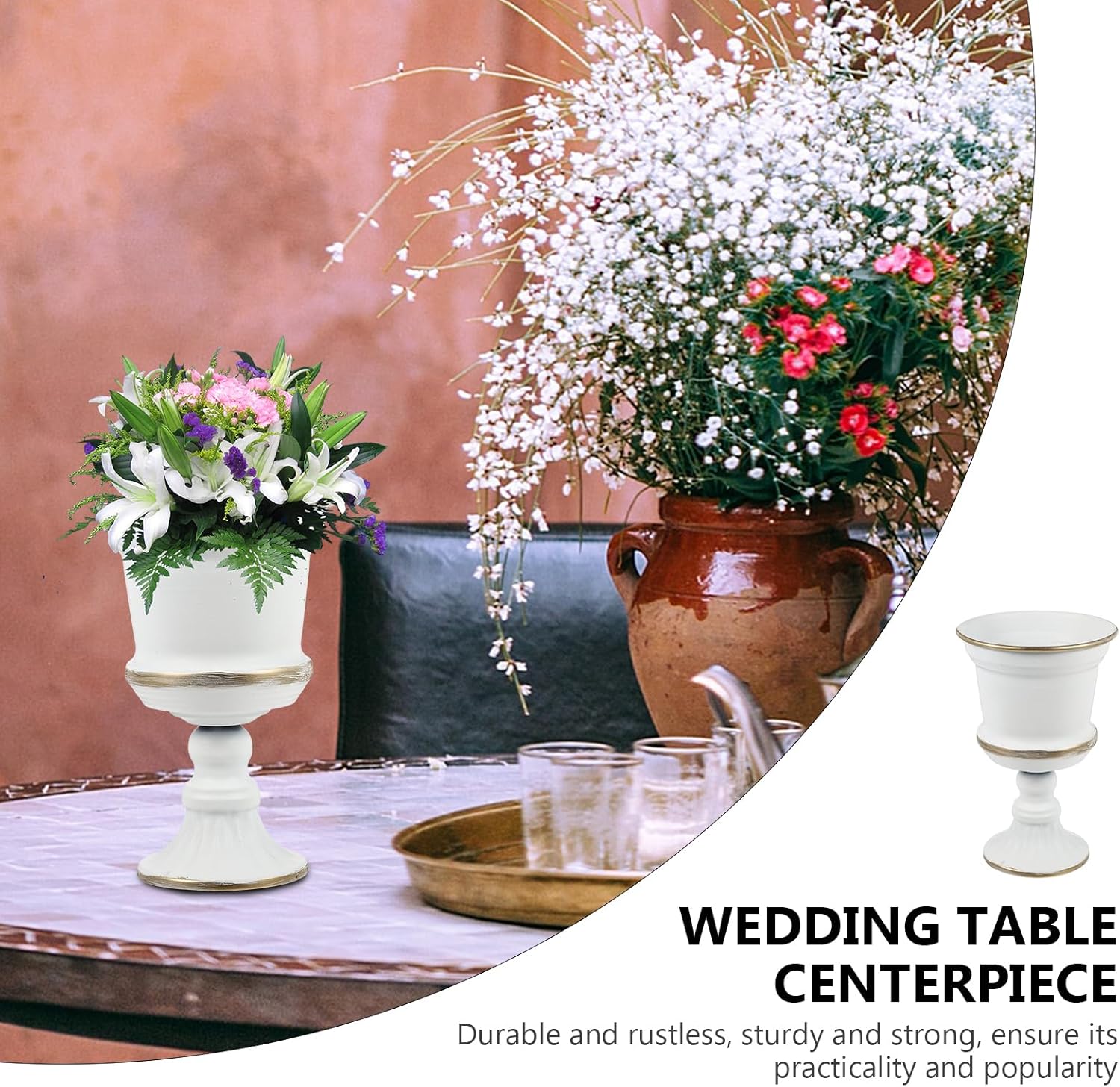 Yardwe White Iron Urn Planters for Outdoor Decor 12