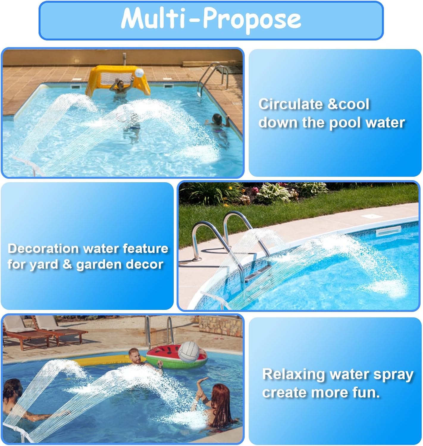 BowLUQ Pool Fountain Multi-Color Waterfall Sprinkler with Adjustable Jets