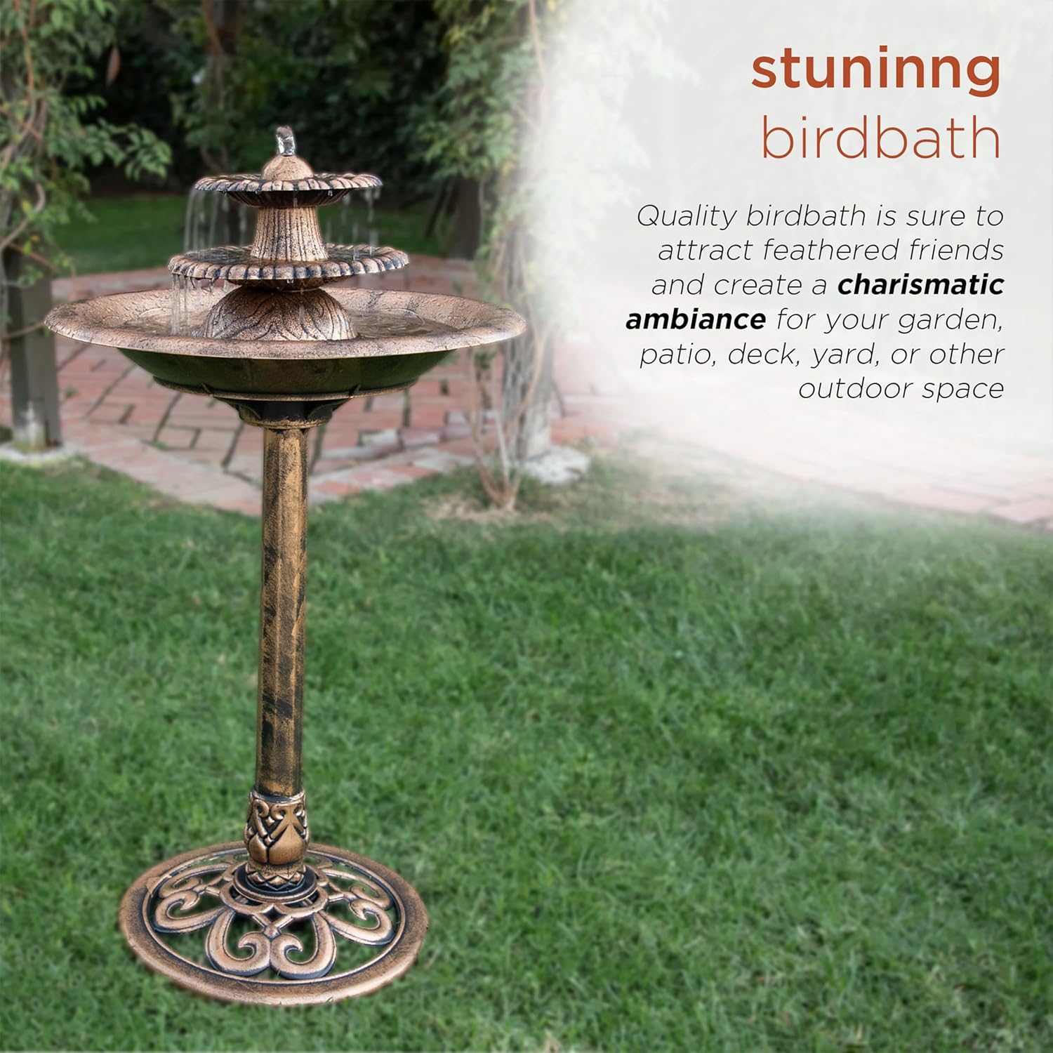 Alpine Corporation TEC106-BZ 35 Inch Tall 3 Tier Pedestal Water Fountain with Birdbath in Vintage Bronze