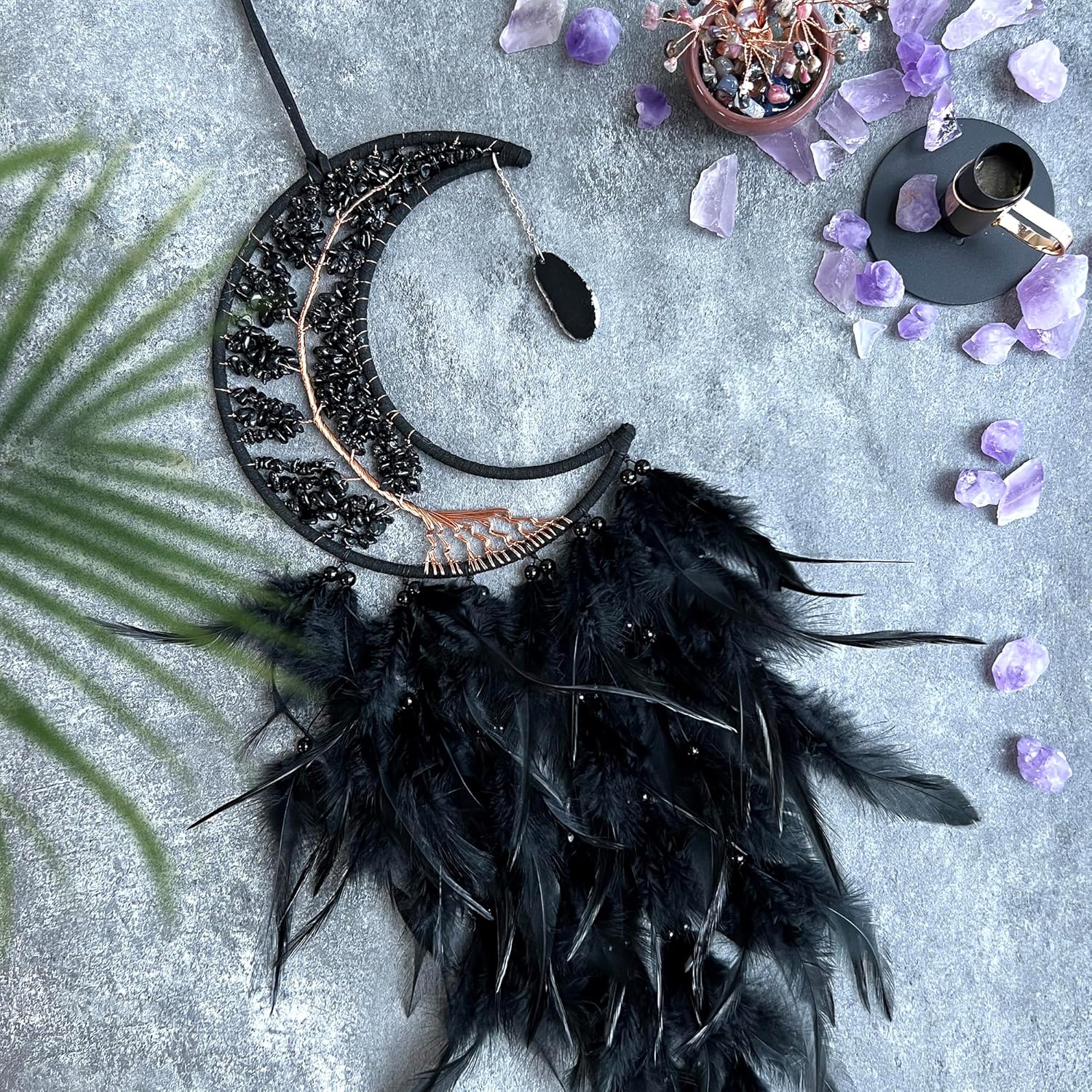 Moon Dream Catchers with Chakra Agate Stones Crystal Tree Wall Decor Black