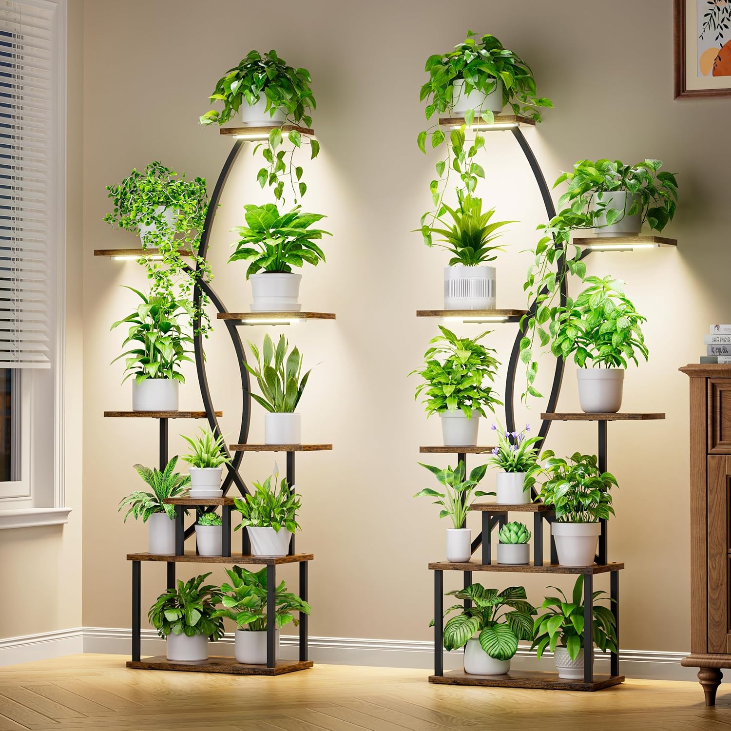 Justogo 8 Tier Indoor Plant Stand with Grow Lights 65 Inch Metal Corner Shelves 2 Pack