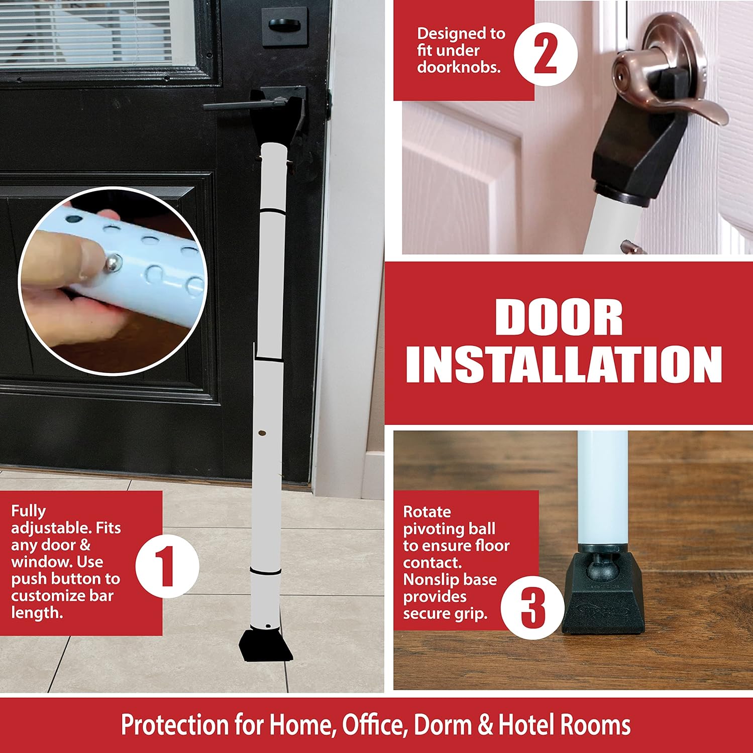 Dual Security Bar - Adjustable Length Door Jammer for Hinged and Sliding Doors Windows Home Travel Safety White