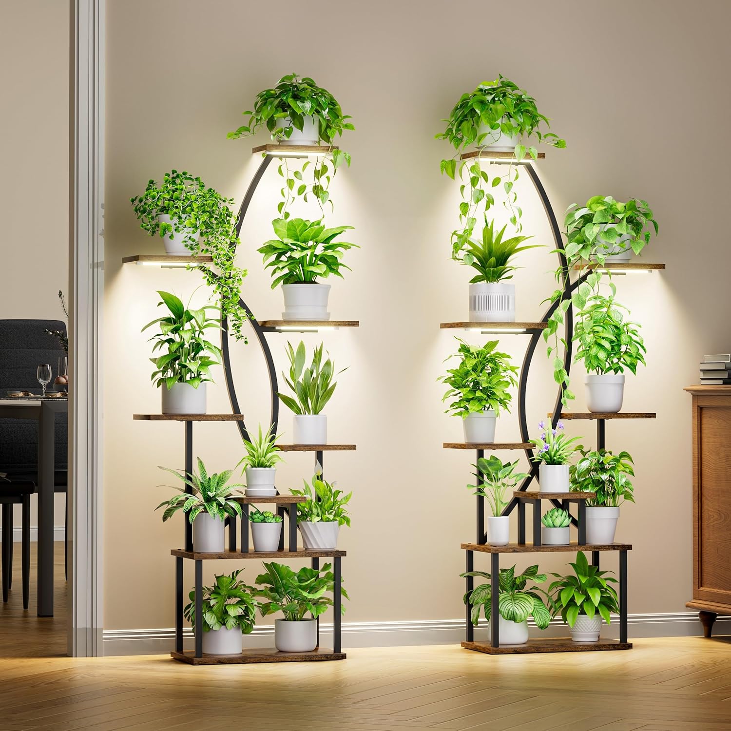 Justogo 8 Tier Indoor Plant Stand with Grow Lights 65 Inch Metal Corner Shelves 2 Pack